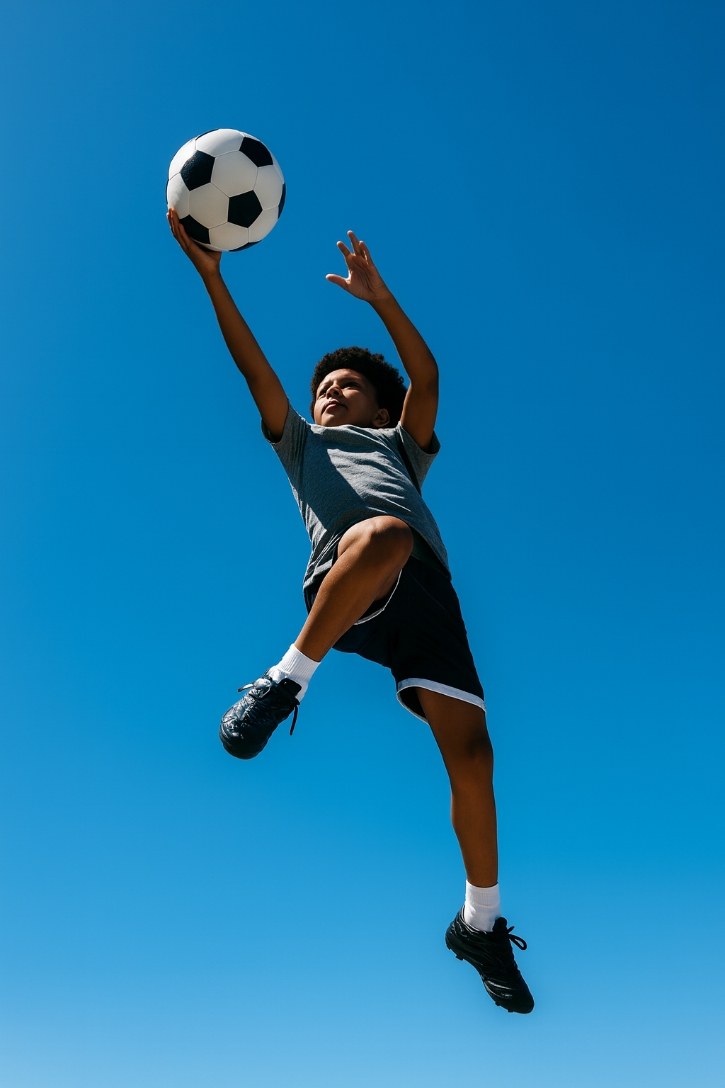 Young player jumping to control a ball against a blue sky