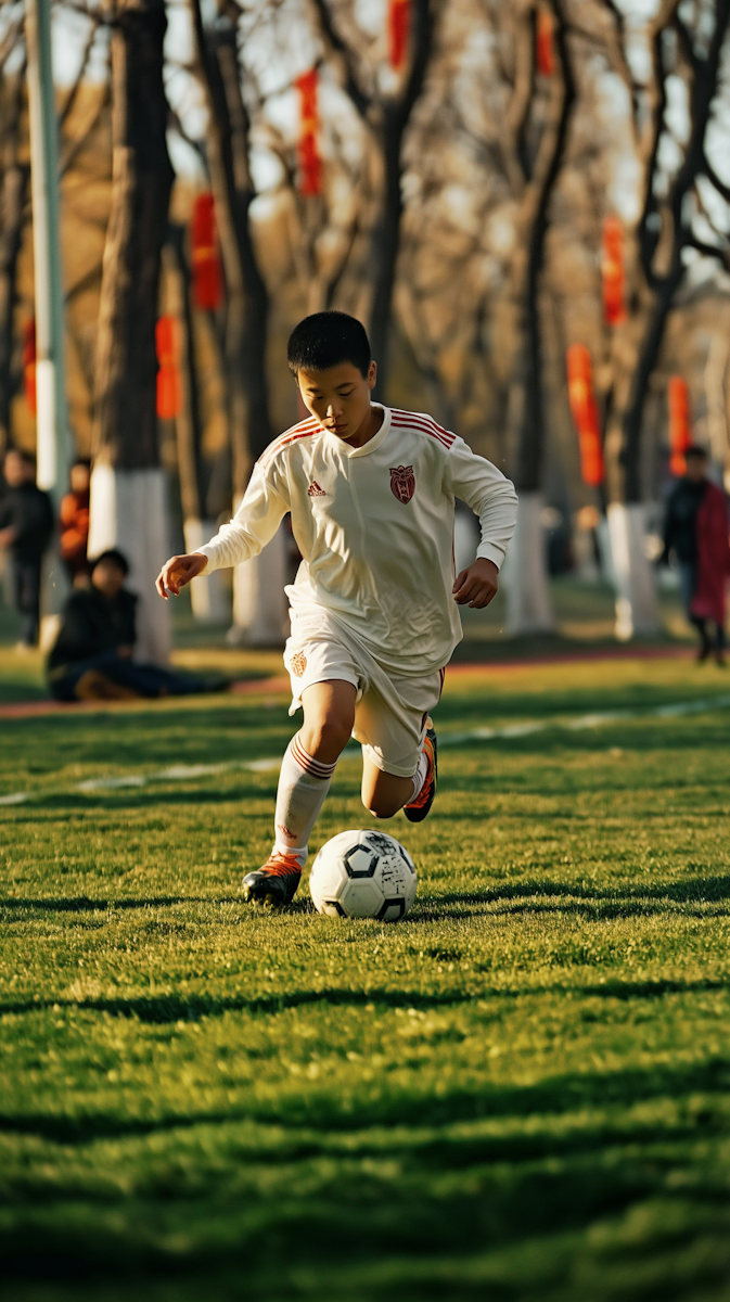 Young player dribbling the ball on a grass pitch
